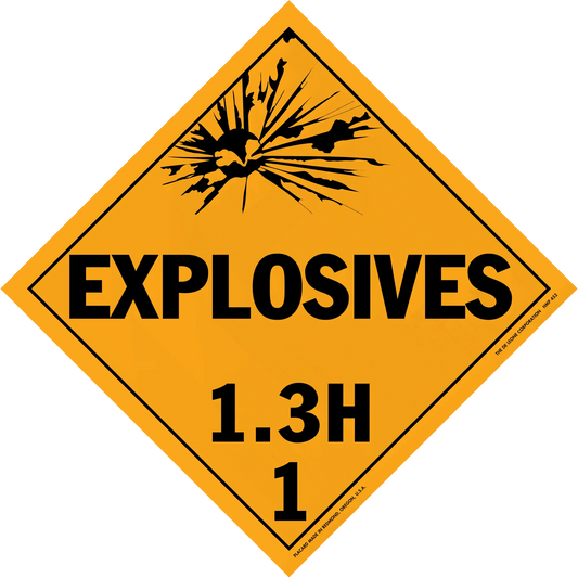 Diamond-shaped orange warning sign for explosives with hazard class 1.3H.