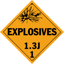 Diamond-shaped orange warning sign for Class 1.3J explosives with a black explosion symbol.