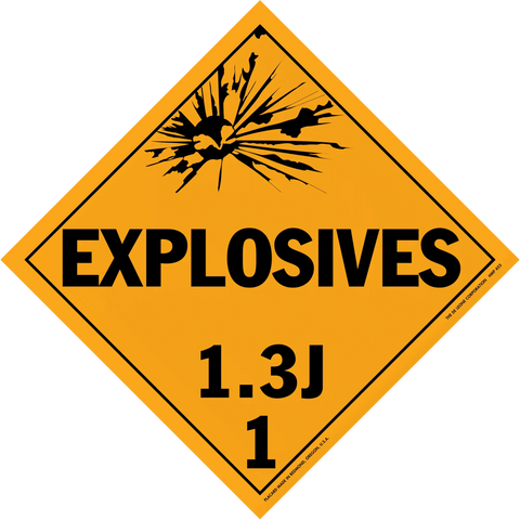 Diamond-shaped orange warning sign for Class 1.3J explosives with a black explosion symbol.