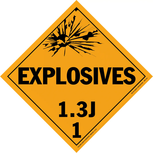 Diamond-shaped orange warning sign for Class 1.3J explosives with a black explosion symbol.