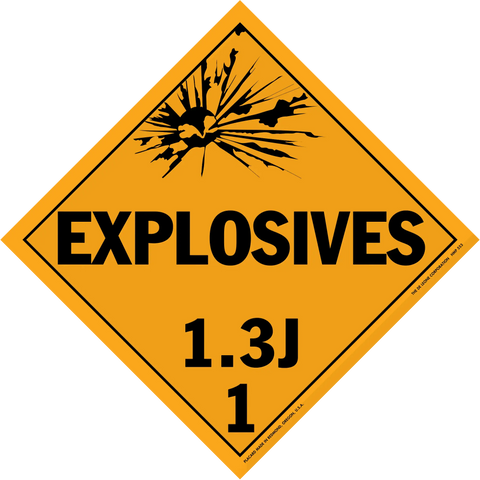 Diamond-shaped orange warning sign for explosives hazard class 1.3J.