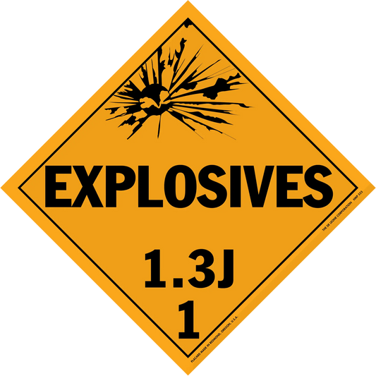 Diamond-shaped orange warning sign for explosives hazard class 1.3J.