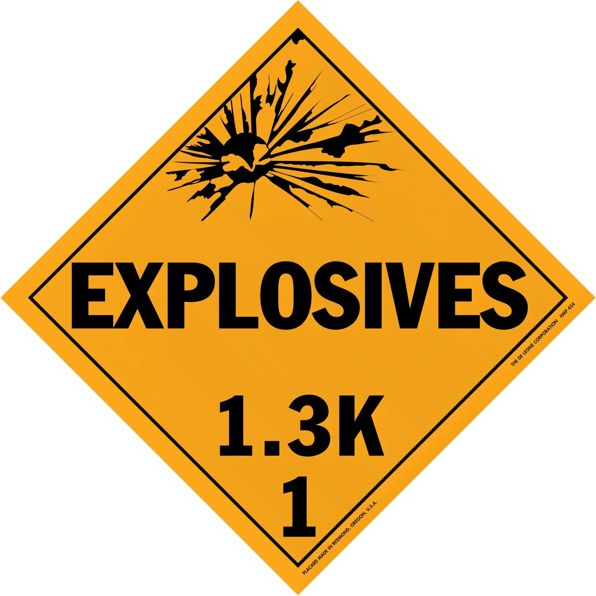 Diamond-shaped orange warning sign for explosives with classification code 1.3K.