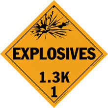 Diamond-shaped orange warning sign for explosives with classification code 1.3K.
