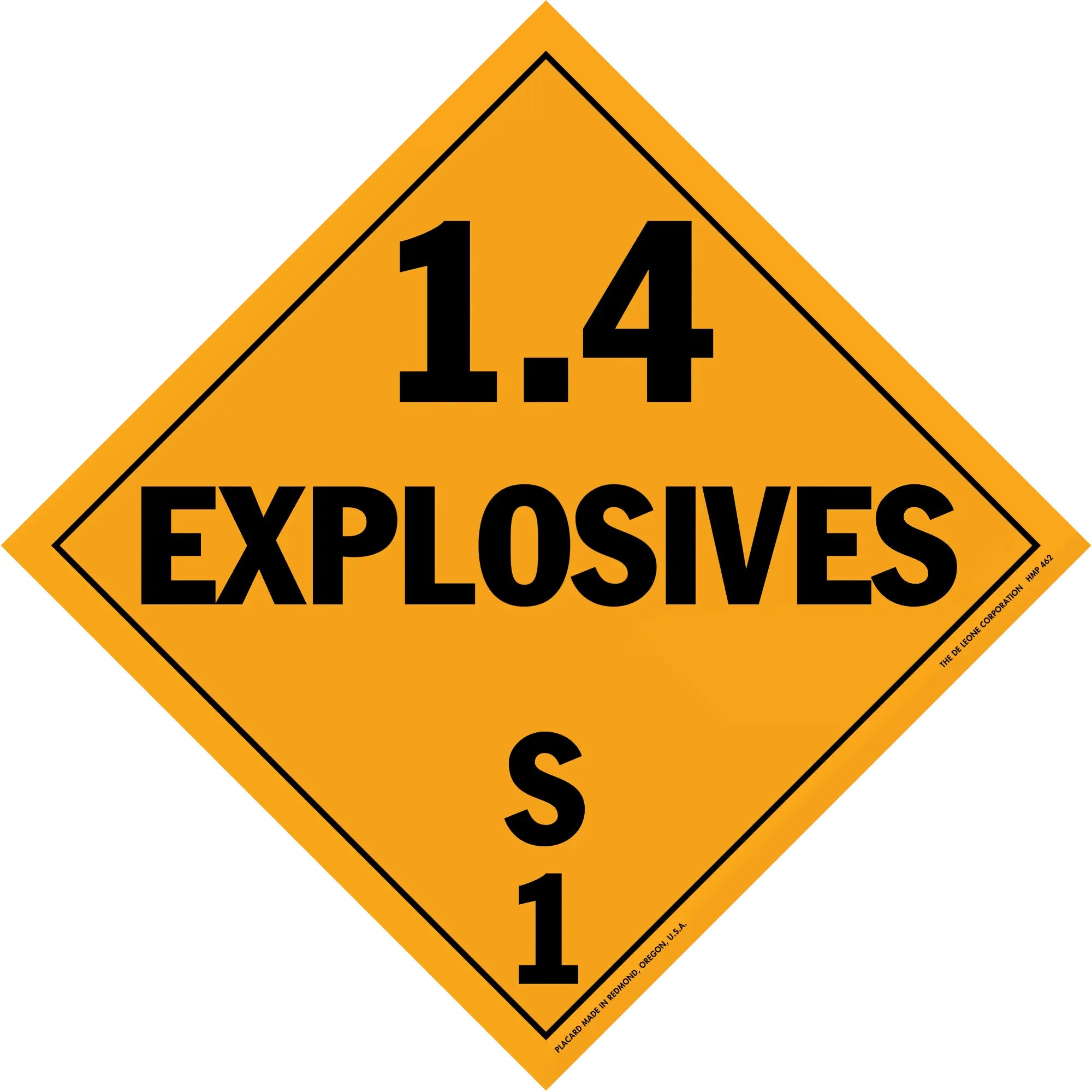 Orange diamond-shaped hazard placard displaying ’1.4 EXPLOSIVES S1’’ in black text.
