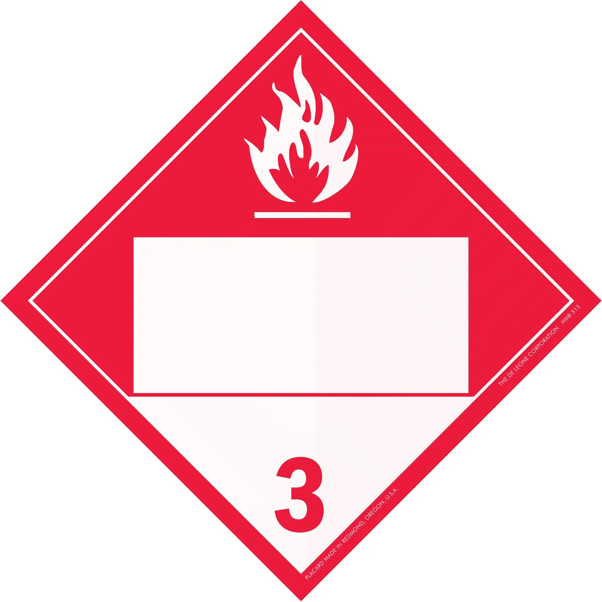 Red diamond-shaped hazard placard with flammable liquid symbol and number 3.