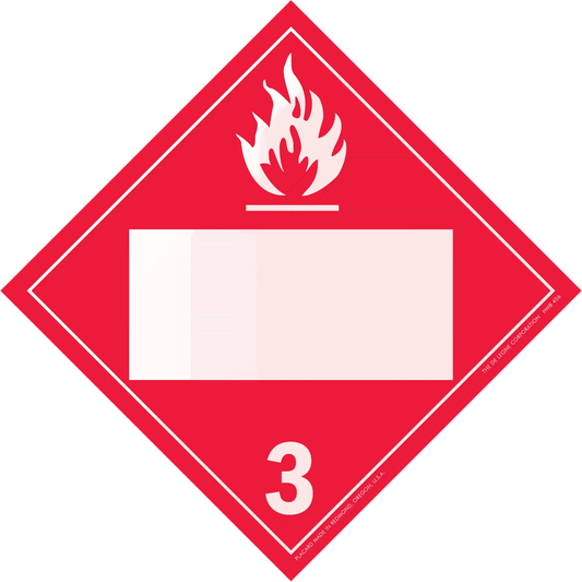 Red diamond-shaped hazard placard with flame symbol and number 3, indicating flammable liquids.