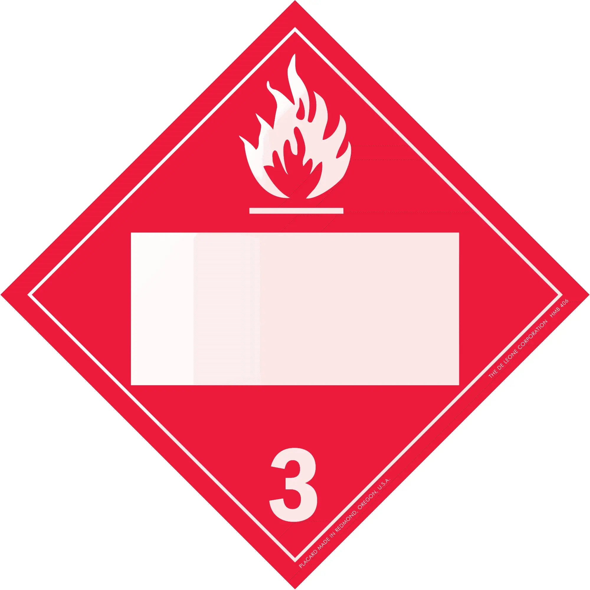 Red diamond-shaped hazard placard with flame symbol and number 3, indicating flammable liquids.