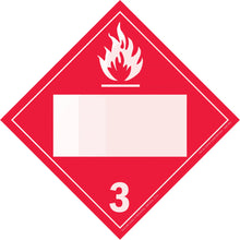 Red diamond-shaped hazard placard with flame symbol and number 3, indicating flammable liquids.