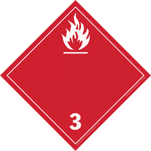 Red diamond-shaped hazard placard with flame symbol and number 3, indicating flammable liquids.