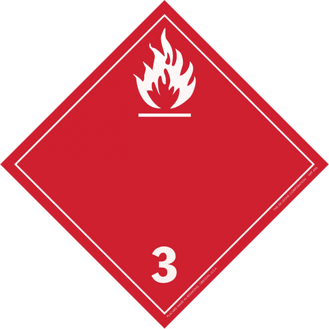 Red diamond-shaped hazard placard with flame symbol and number 3, indicating flammable liquids.