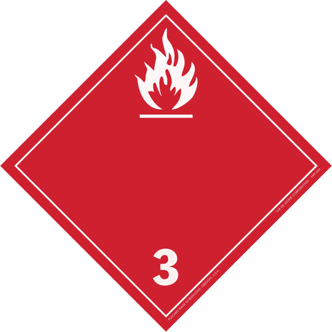 Red diamond-shaped hazard placard with flame symbol and number 3, indicating flammable liquids.