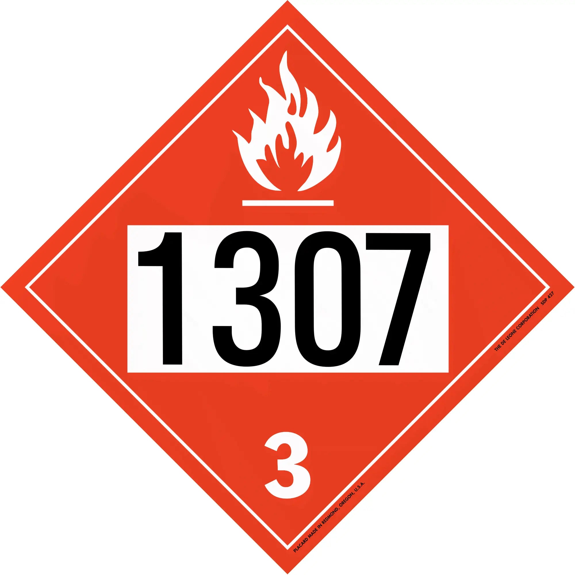 Red diamond-shaped hazardous material placard displaying ’1307’’ and ’3’’ with a flame symbol.