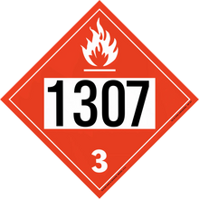 Red diamond-shaped hazardous material placard displaying ’1307’’ and ’3’’ with a flame symbol.