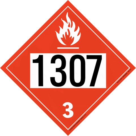 Red diamond-shaped hazardous material placard displaying ’1307’’ and ’3’’ with a flame symbol.