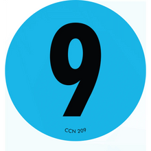 Black number 9 on a light blue circular background.