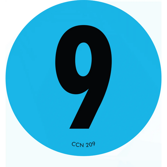 Black number 9 on a light blue circular background.