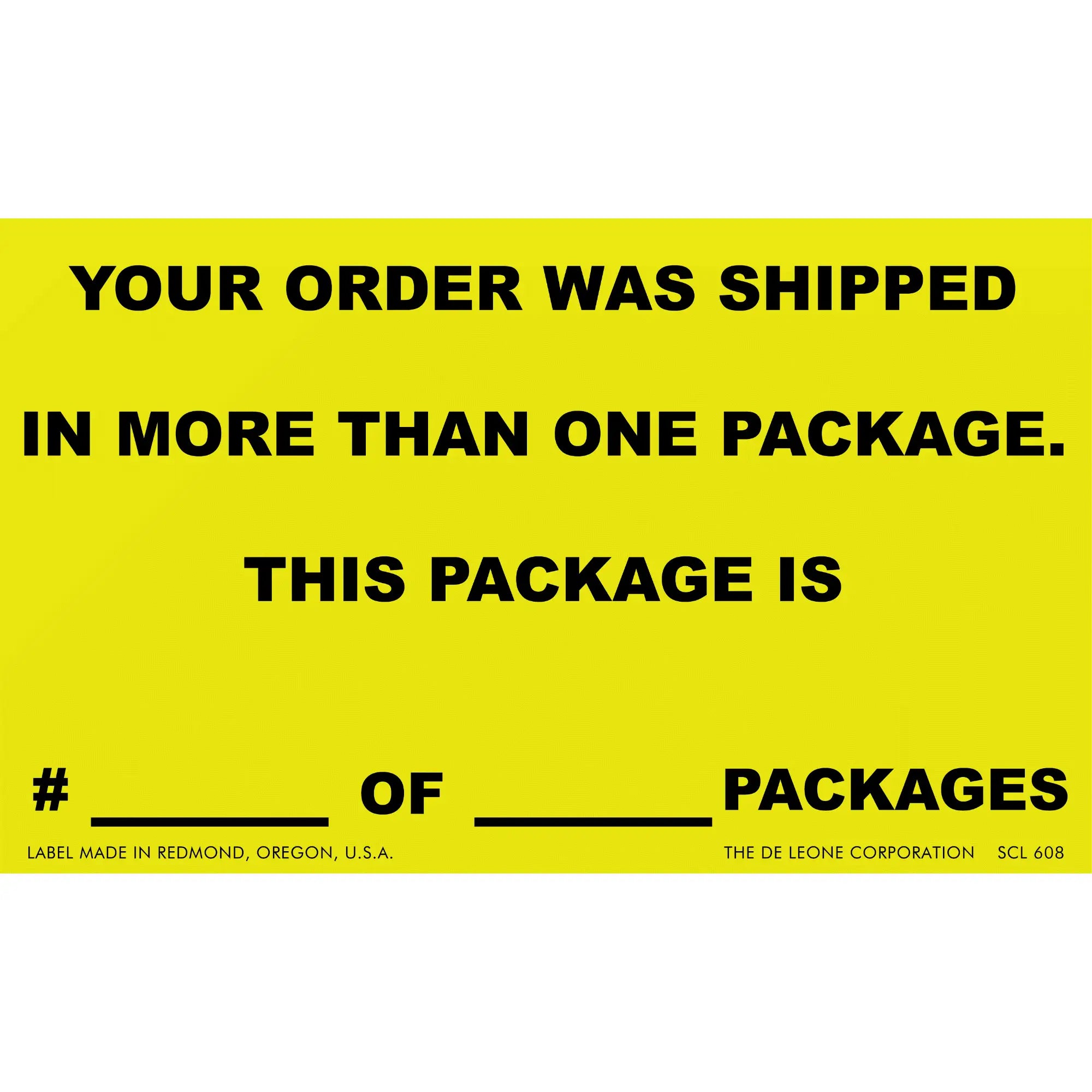 Yellow shipping label indicating multiple packages in an order with blank spaces to fill in package numbers.