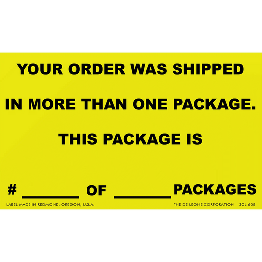 Yellow shipping label indicating multiple packages in an order with blank spaces to fill in package numbers.