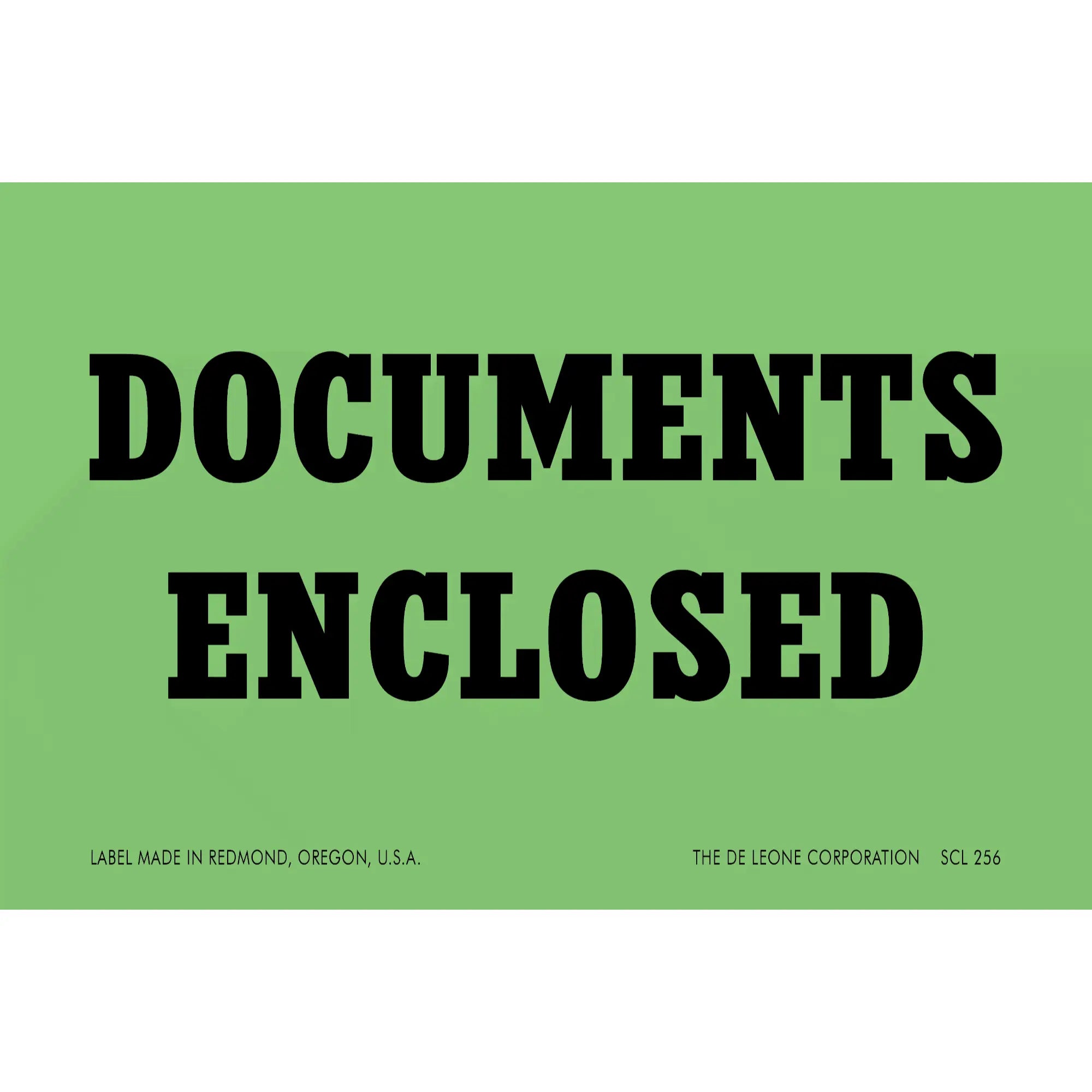 Green shipping label with black text reading ’DOCUMENTS ENCLOSED’