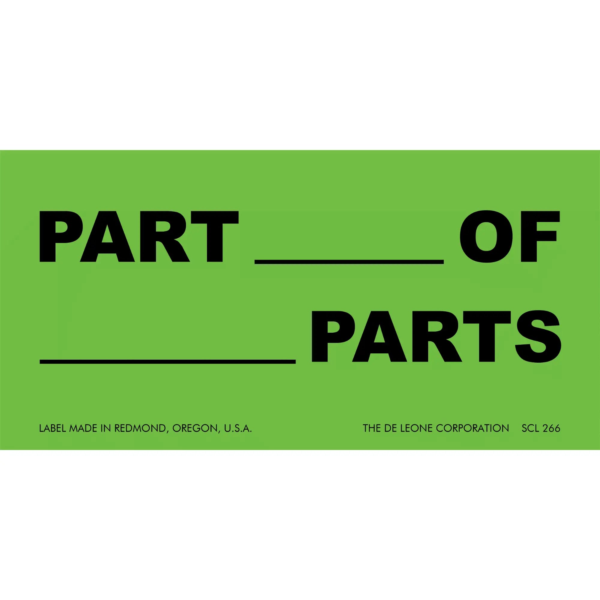 Green label with black text reading ’PART ___ OF ___ PARTS’