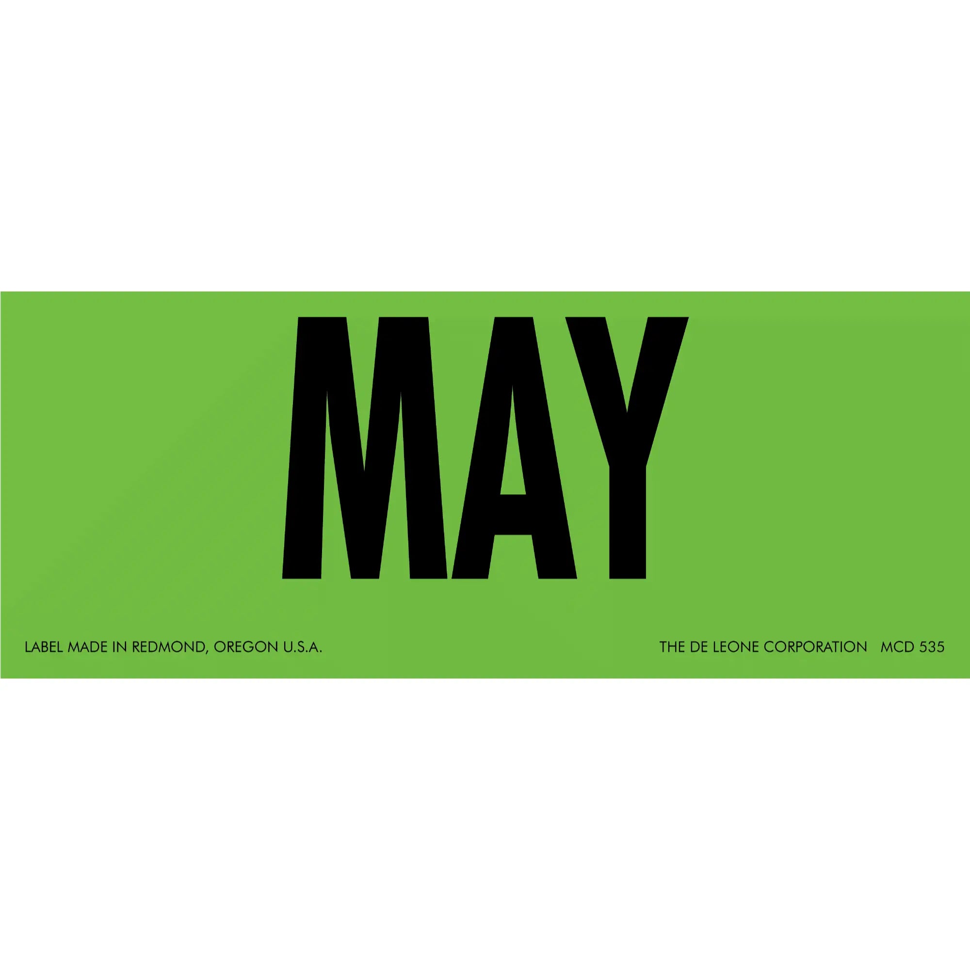 Bold black text spelling ’MAY’ on a green background.