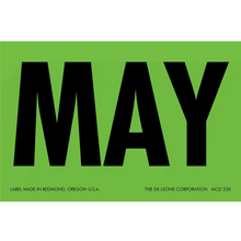 Bold black text spelling ’MAY’ on a green background.