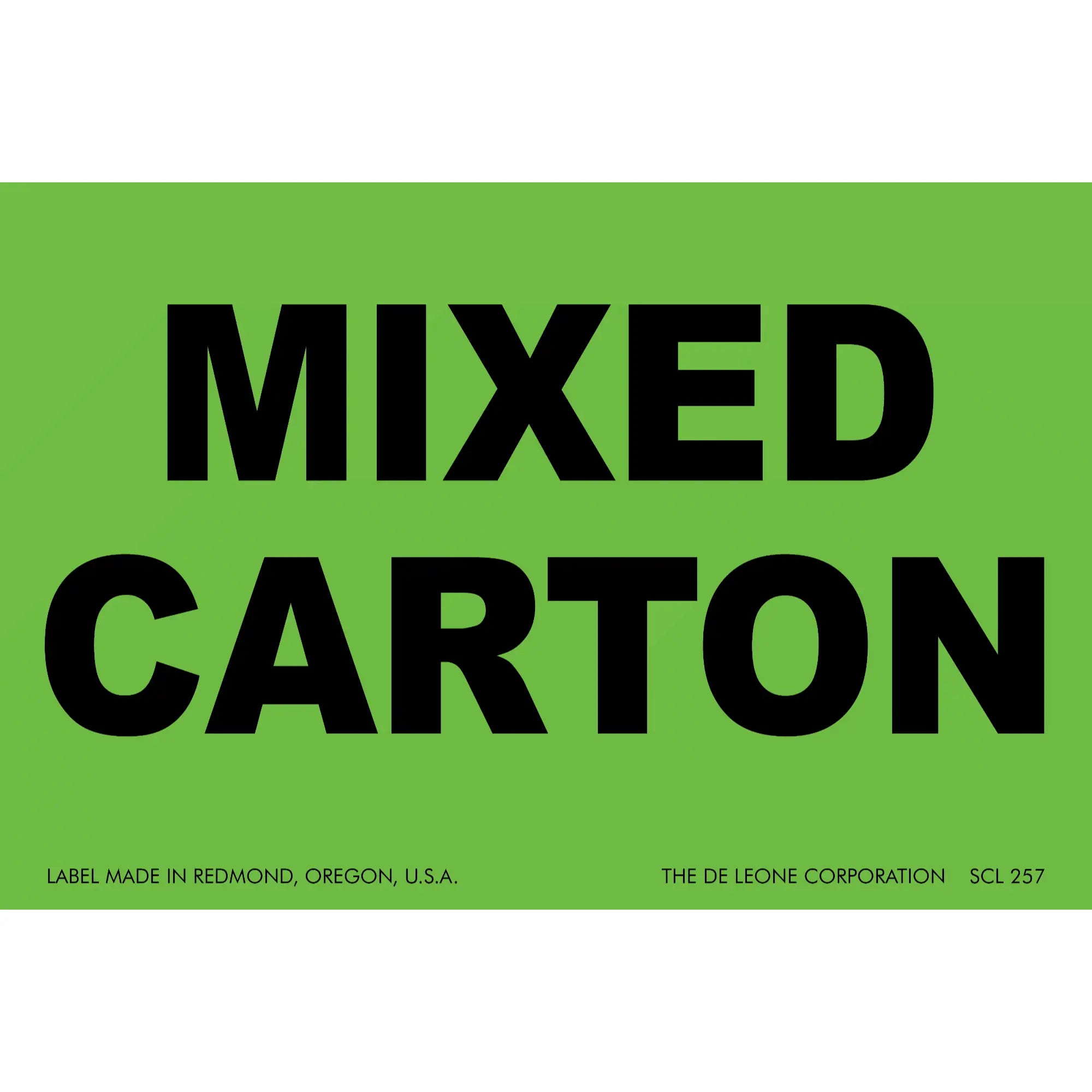 Green label with black text reading ’MIXED CARTON’