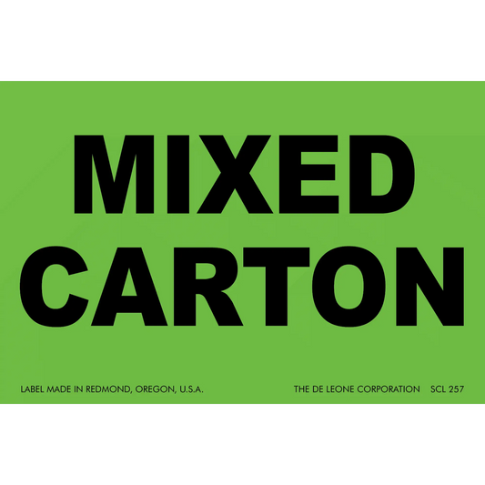 Green label with black text reading ’MIXED CARTON’