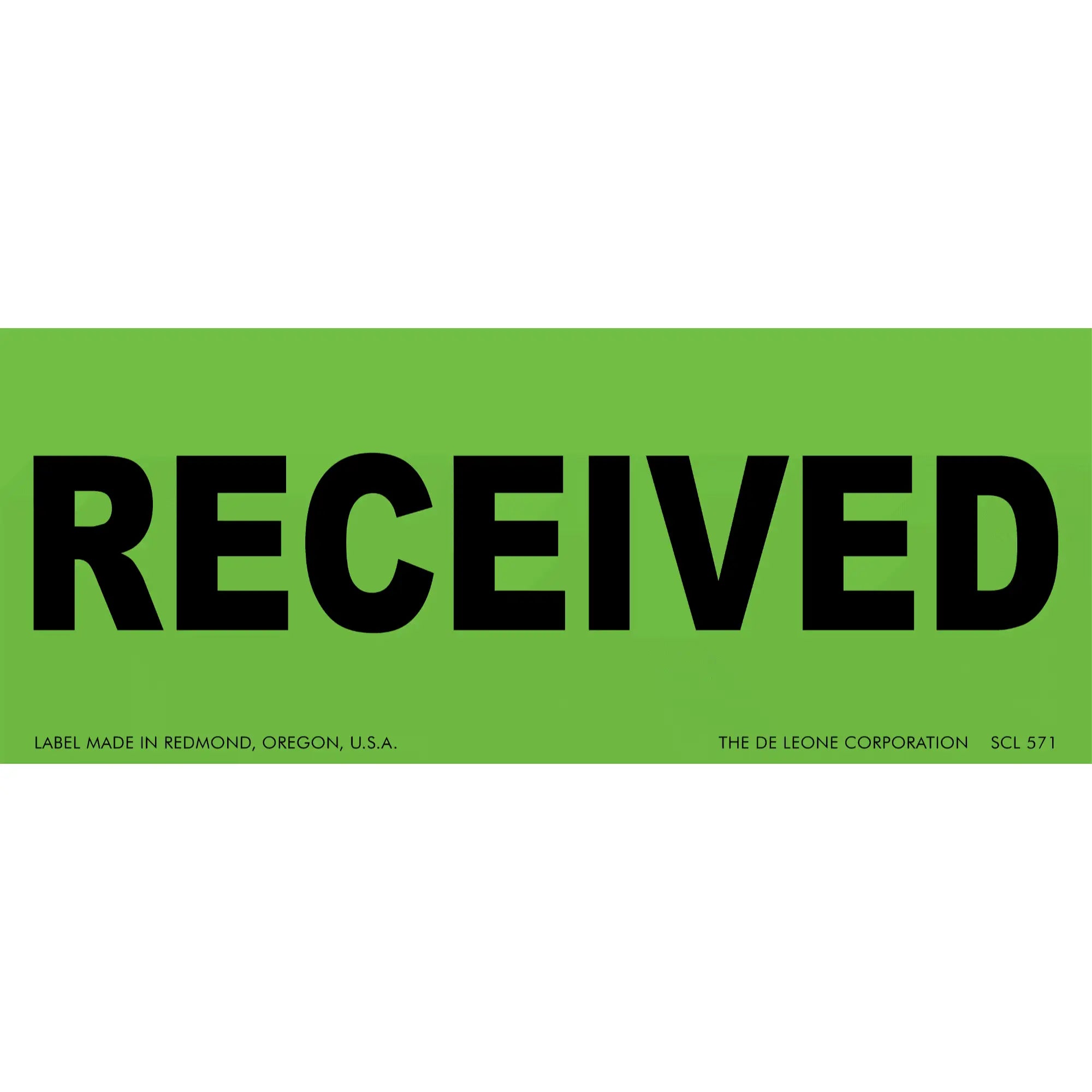 Green label with black text reading ’RECEIVED’