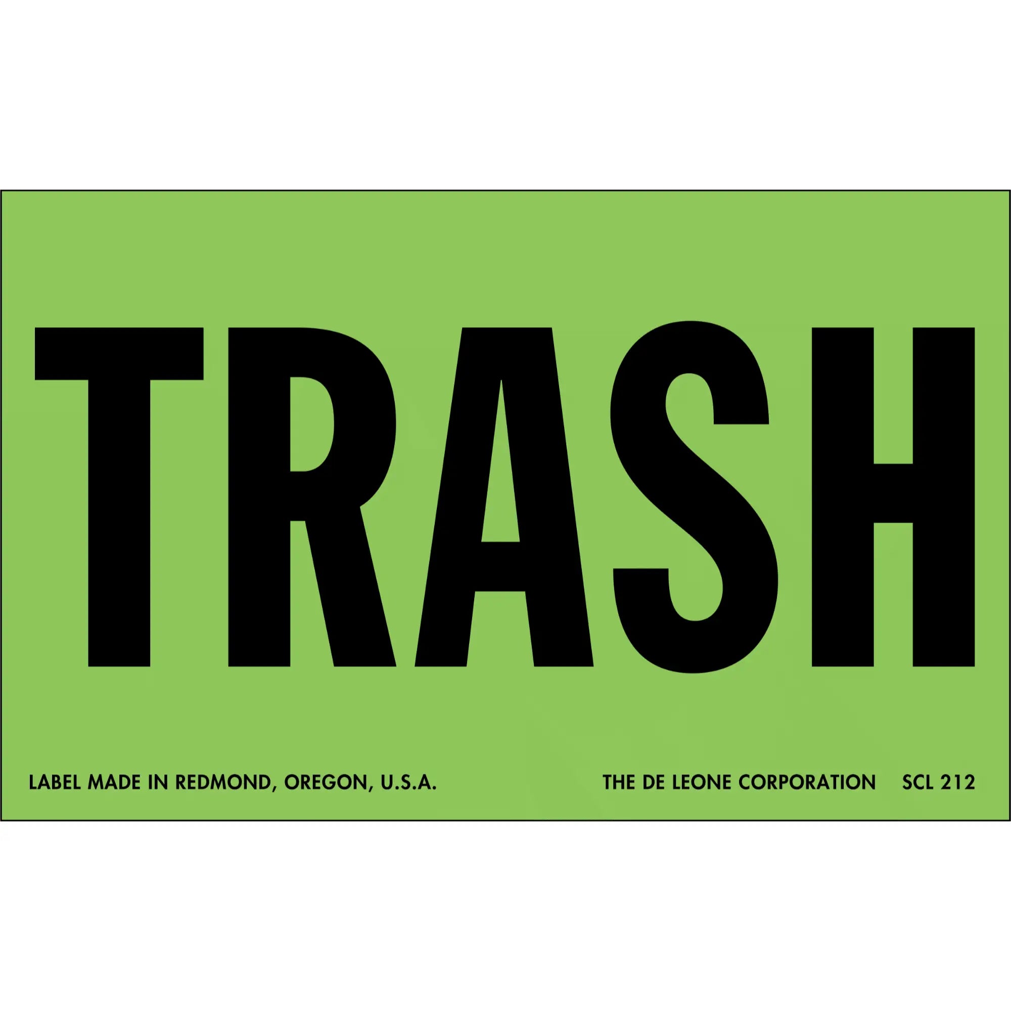 Bold black text reading ’TRASH’ on a green label.