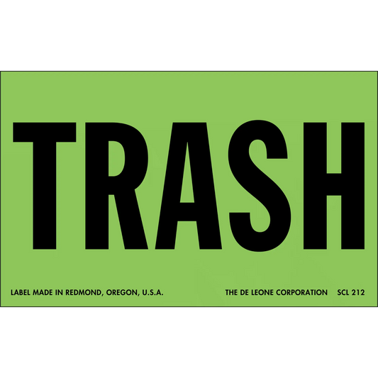 Bold black text reading ’TRASH’ on a green label.