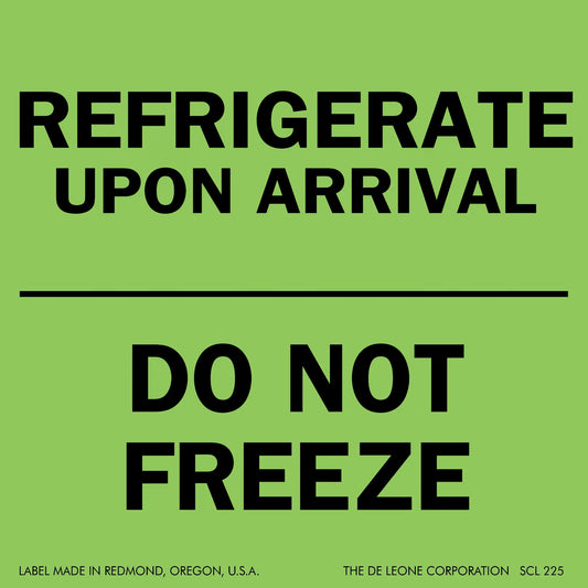 Green shipping label with black text instructing ’REFRIGERATE UPON ARRIVAL’ and ’DO NOT FREEZE’