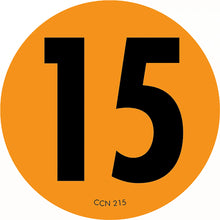 Black number 15 on an orange circular background.