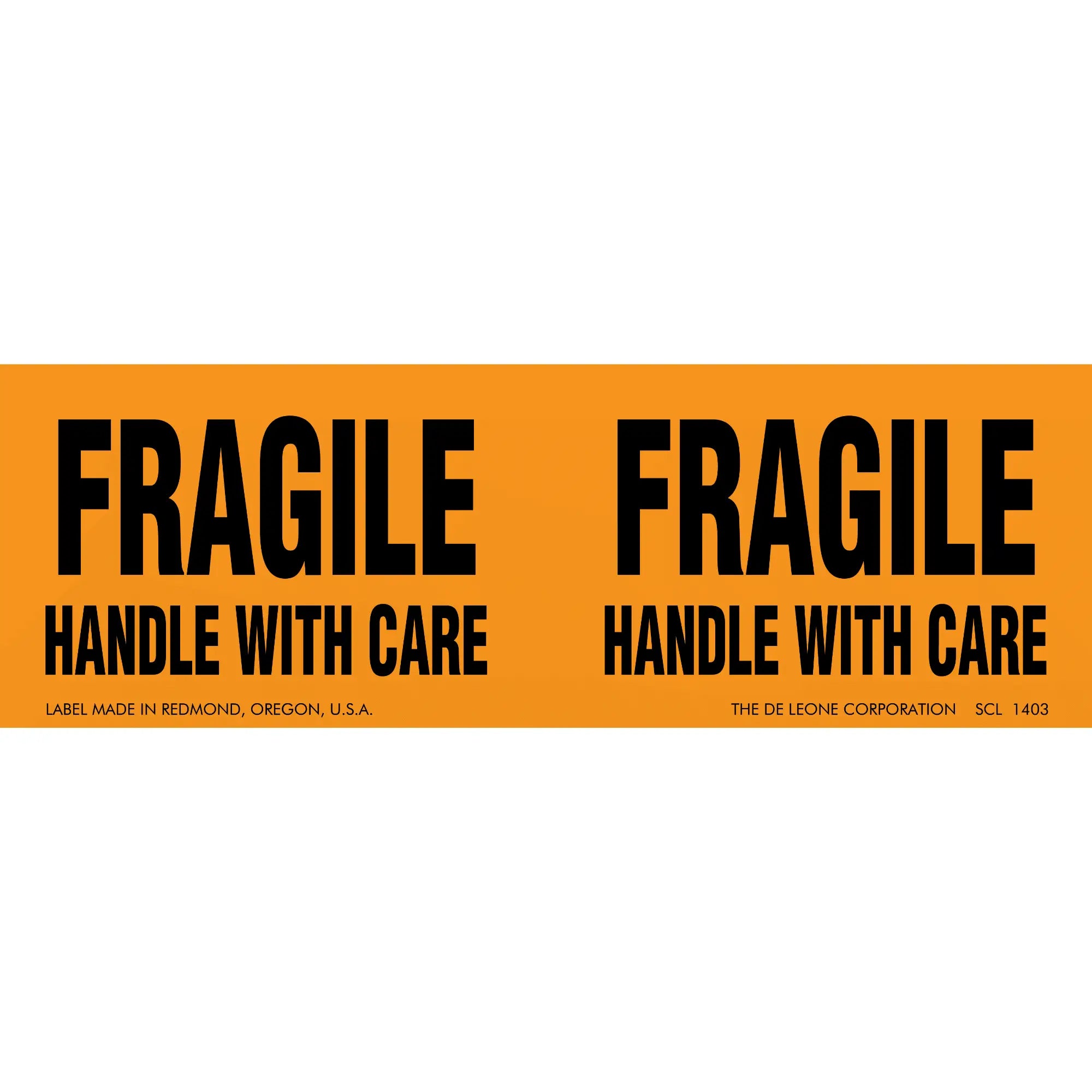 Orange warning label with black text reading ’FRAGILE HANDLE WITH CARE’ repeated twice.