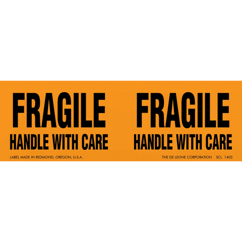 Orange warning label with black text reading ’FRAGILE HANDLE WITH CARE’ repeated twice.