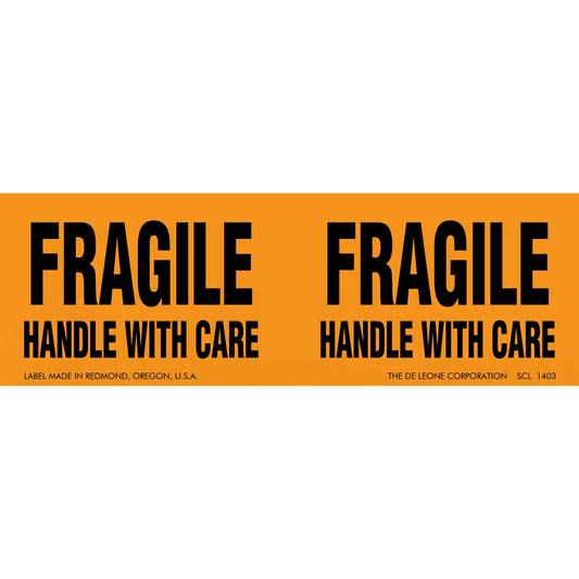 Orange warning label with black text reading ’FRAGILE HANDLE WITH CARE’ repeated twice.