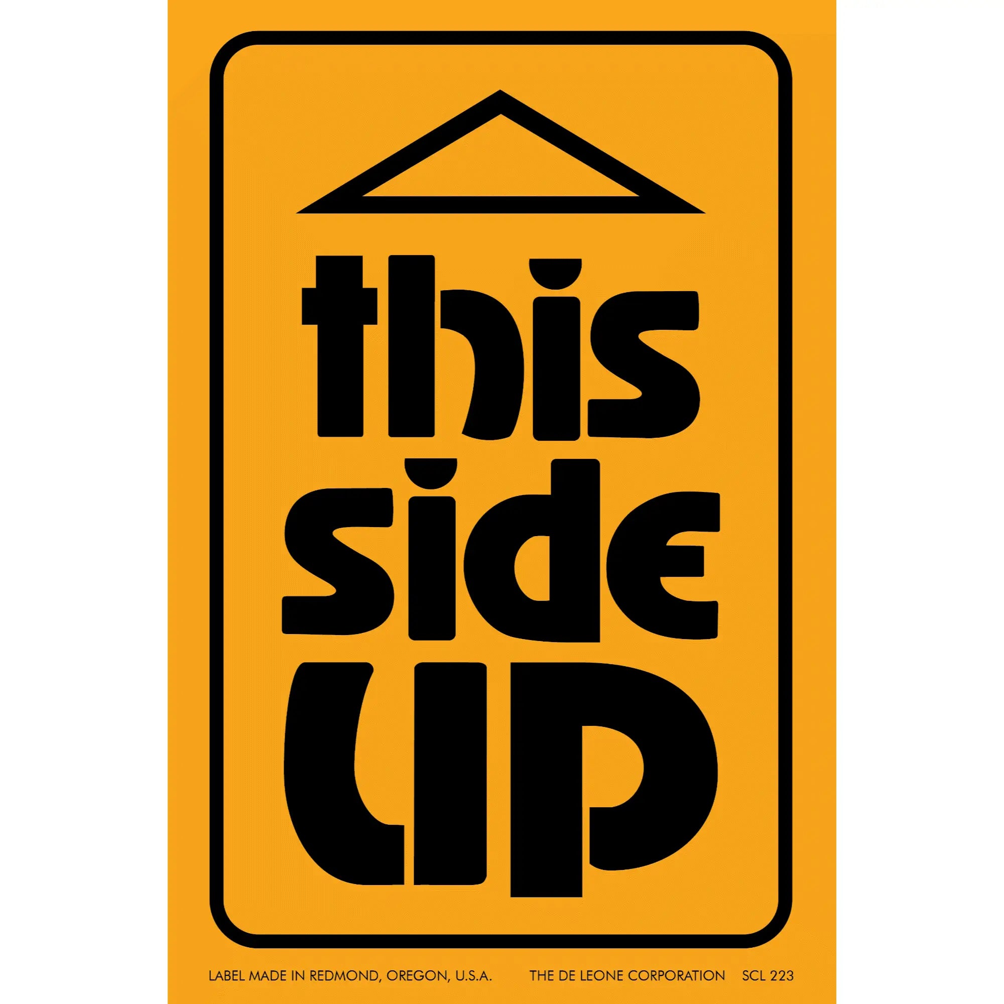 Black text reading ’THIS SIDE UP’ on an orange warning label.