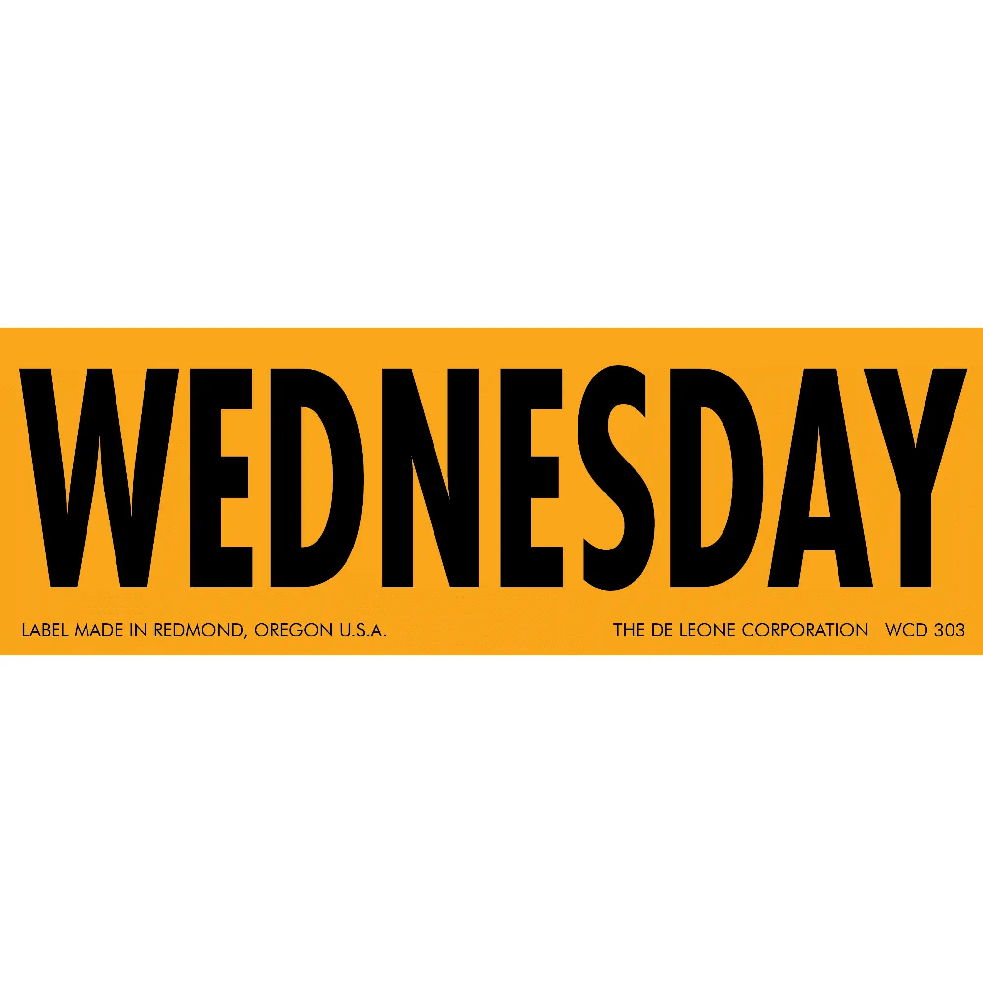 Orange label with ’WEDNESDAY’ printed in black text.