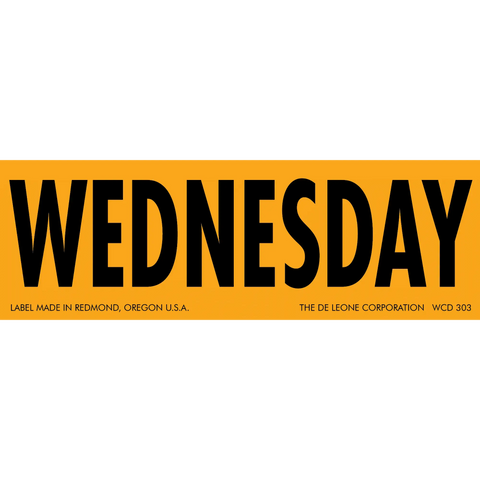 Orange label with ’WEDNESDAY’ printed in black text.