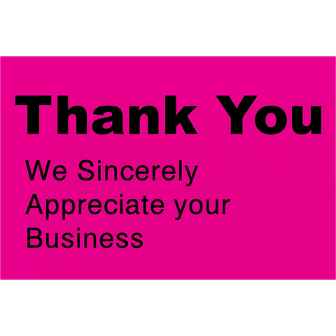 Pink thank you card with black text expressing appreciation for business.