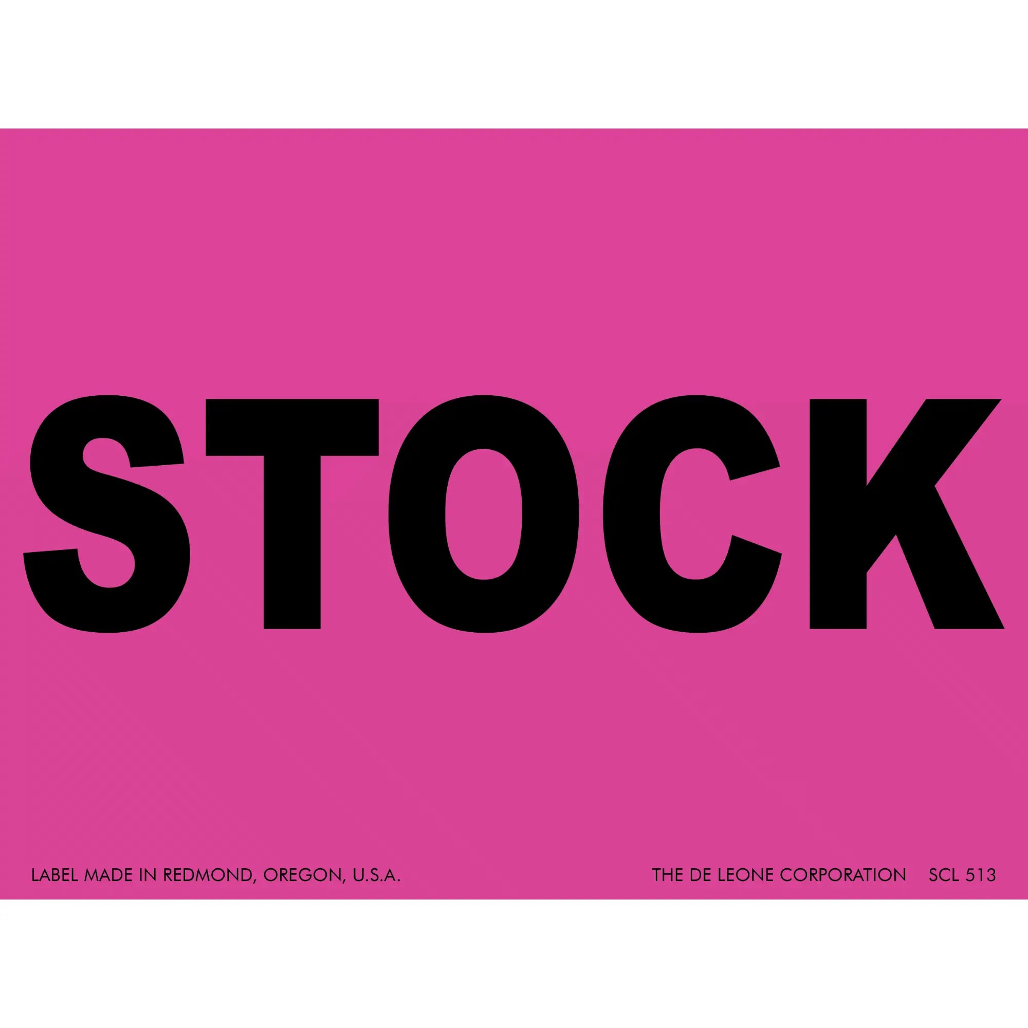 Pink label with black text reading ’STOCK’