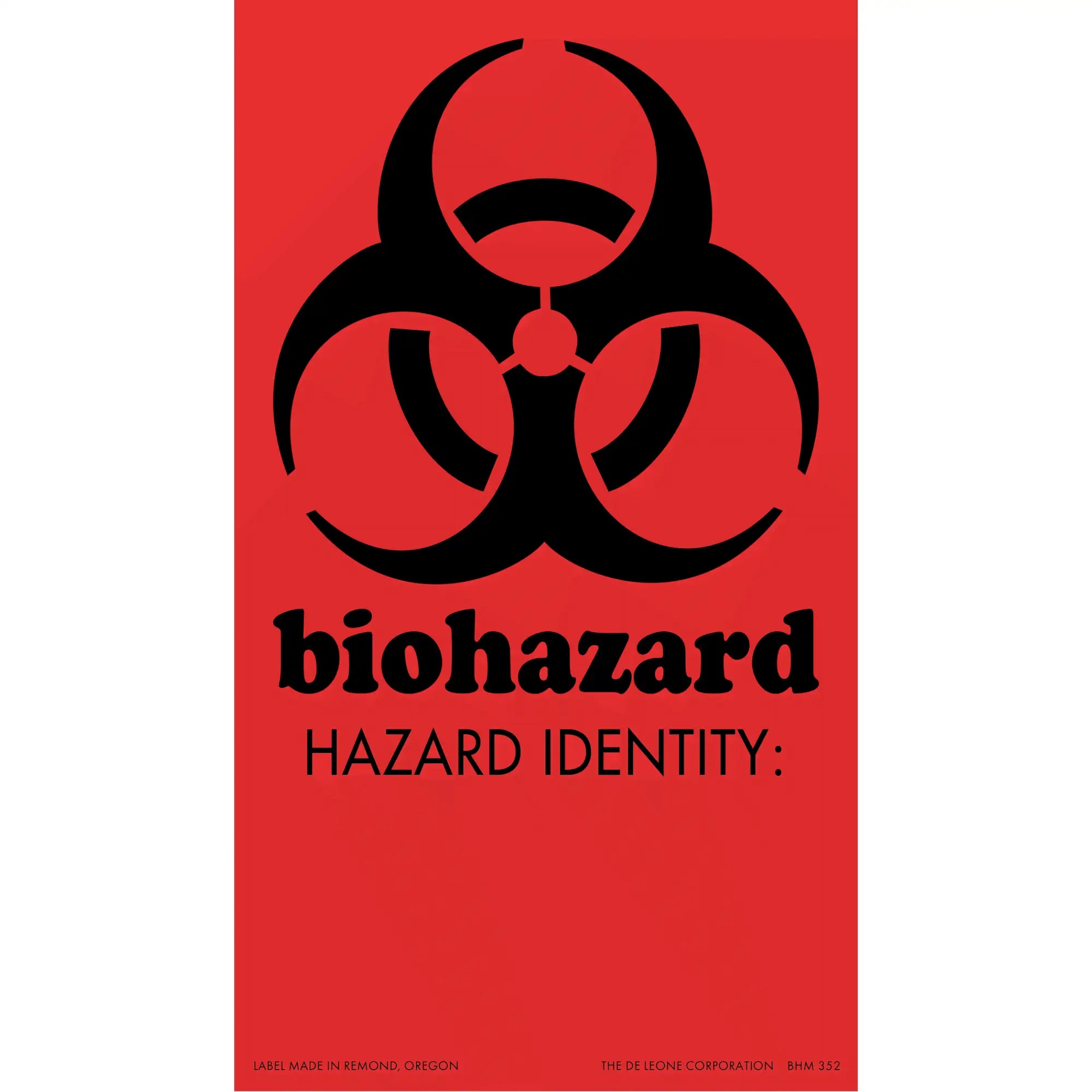 Black biohazard warning symbol on a red warning label.