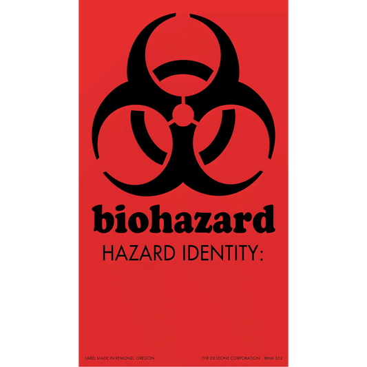 Black biohazard warning symbol on a red warning label.