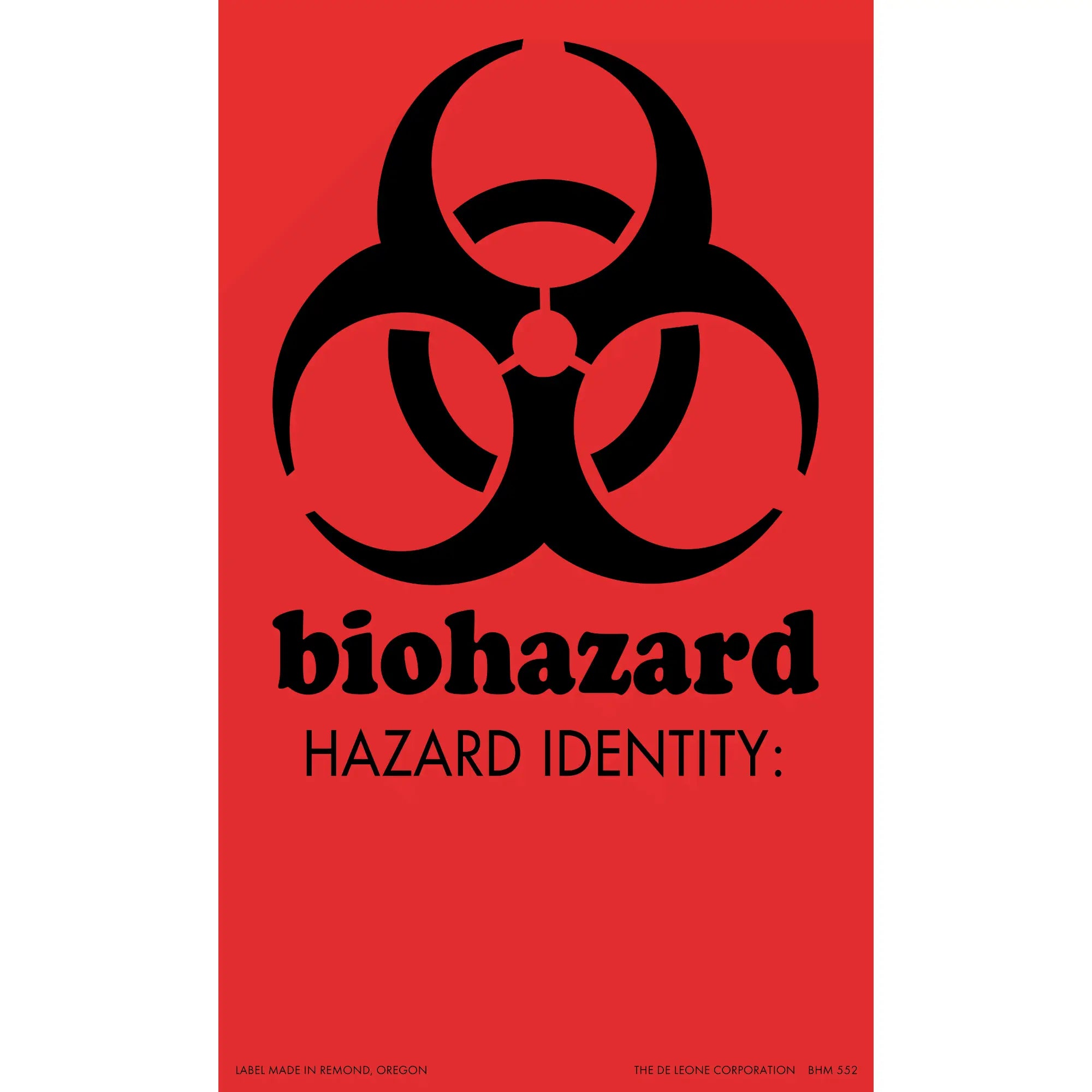 Black biohazard symbol with text on a red background.