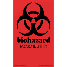 Black biohazard symbol with text on a red background.