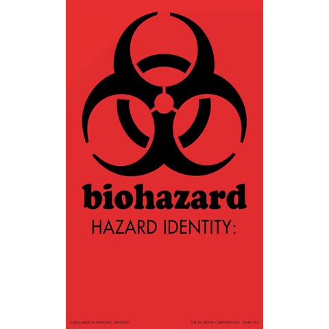 Black biohazard symbol with text on a red background.