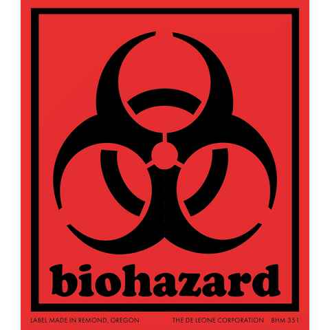 Black biohazard warning symbol with text on a red background.