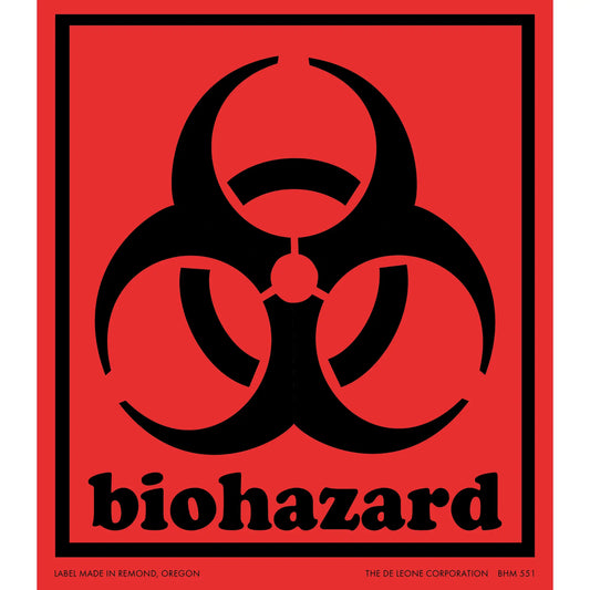 Black biohazard warning symbol with text on a red background.