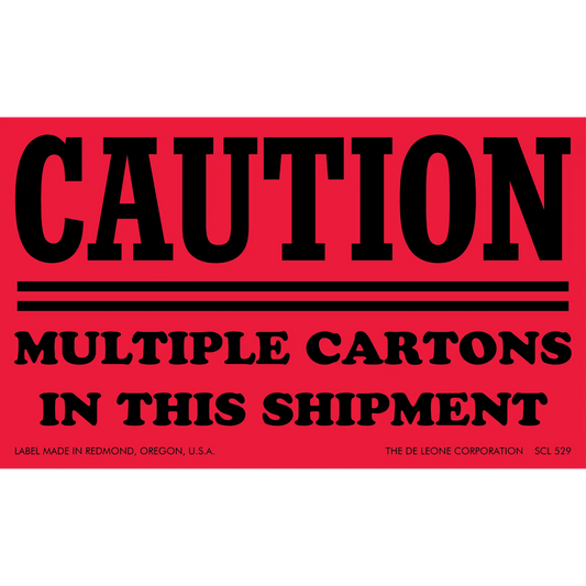 Red caution label warning about multiple cartons in a shipment.